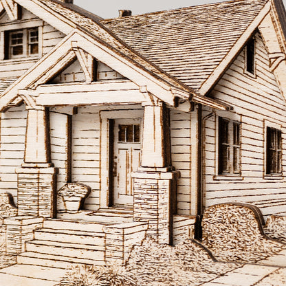 Detailed illustration of a house with a porch and steps.