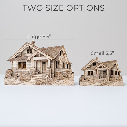 Two wooden house models with size labels on a light gray background