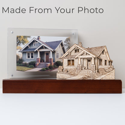 Wooden model of a house with a photo of a real house on a stand, with text 'Made From Your Photo'.