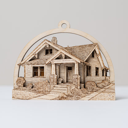 Wooden ornament with a house design on a light gray background