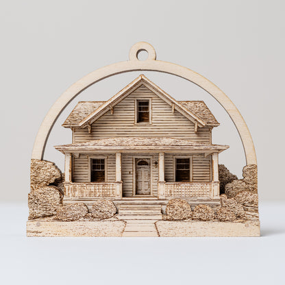 Wooden house model ornament with a decorative arch on a light gray background