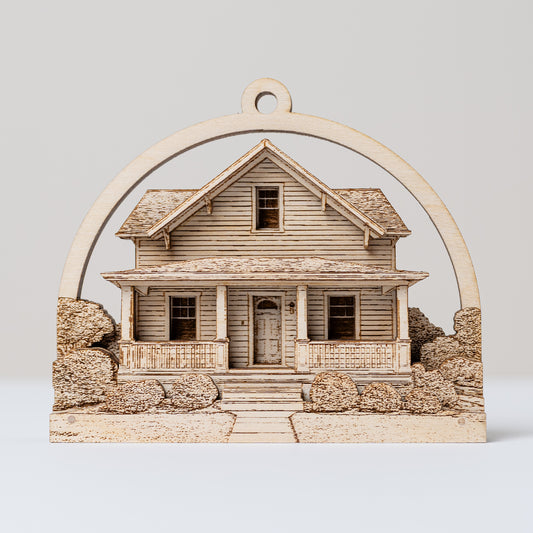 Wooden house model ornament with a decorative arch on a light gray background